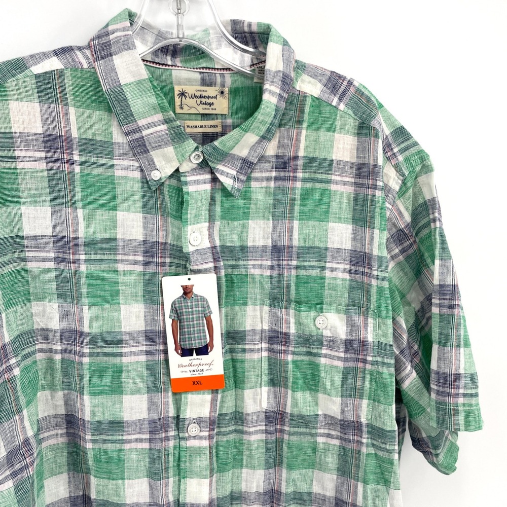 Weatherproof Vintage Mens XXL Green‎ Plaid Washable Linen Short Sleeve Shirt NWT